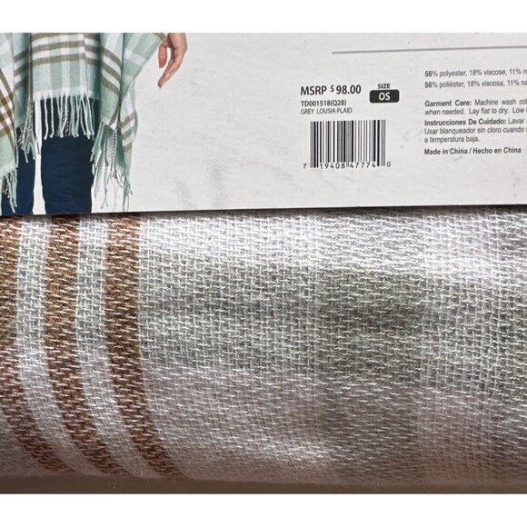 Three Dots Cashmere Blend Wrap With Fringe Detail In Grey Louisa Plaid  One Size - Picture 5 of 6